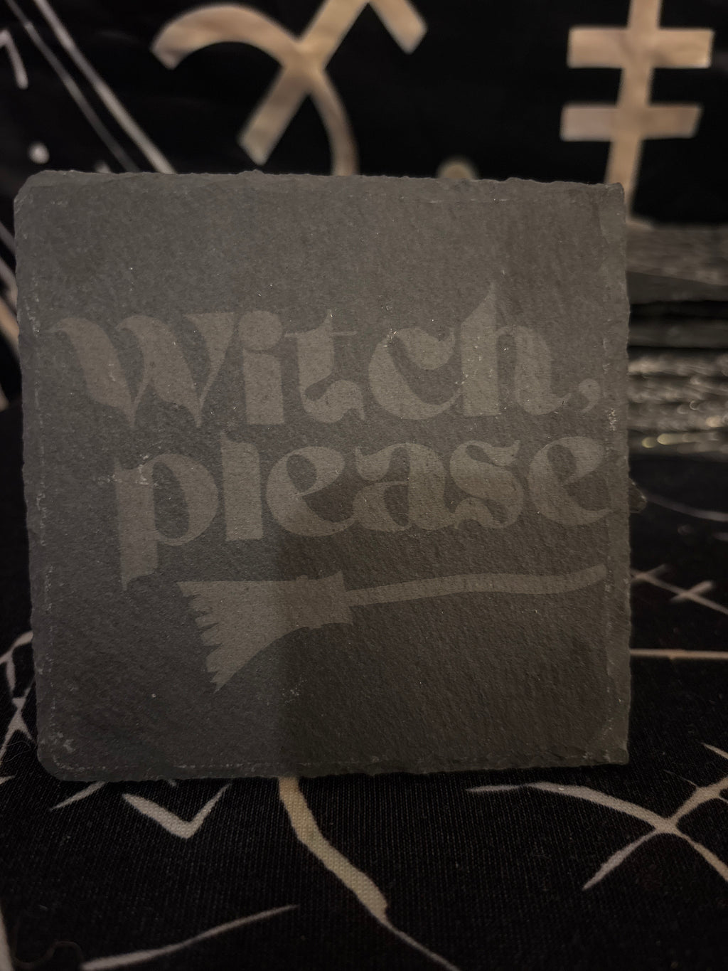 Big Witch Energy laser engraved slate coaster by Midgard Artistry