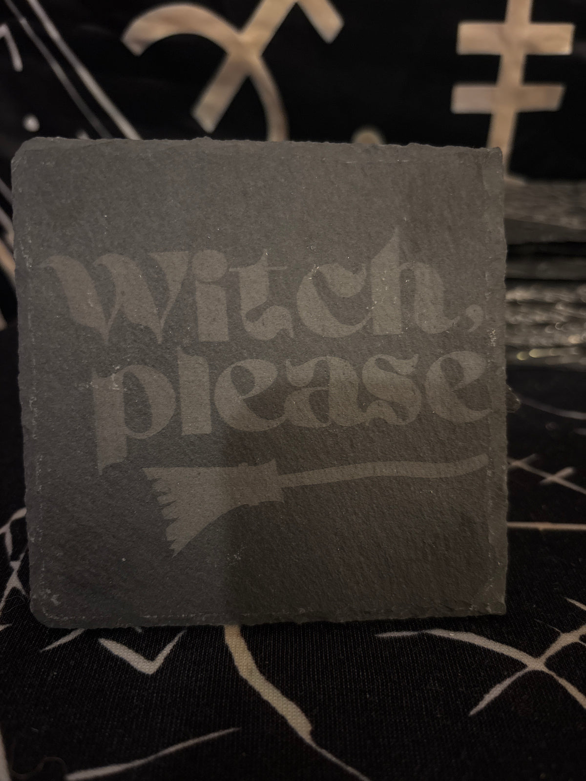 Big Witch Energy laser engraved slate coaster by Midgard Artistry