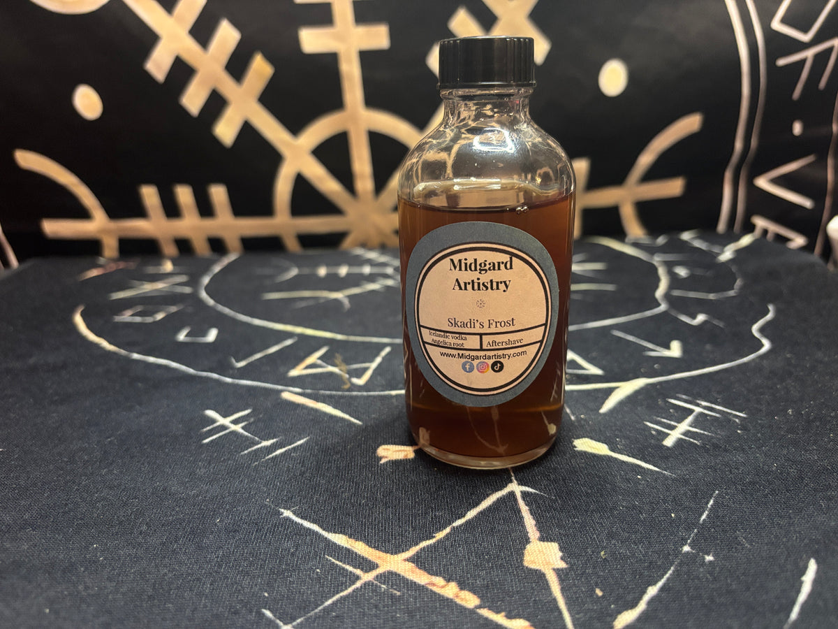 Skadi's Frost Icelandic botanical aftershave, front of bottle, by Midgard Artistry