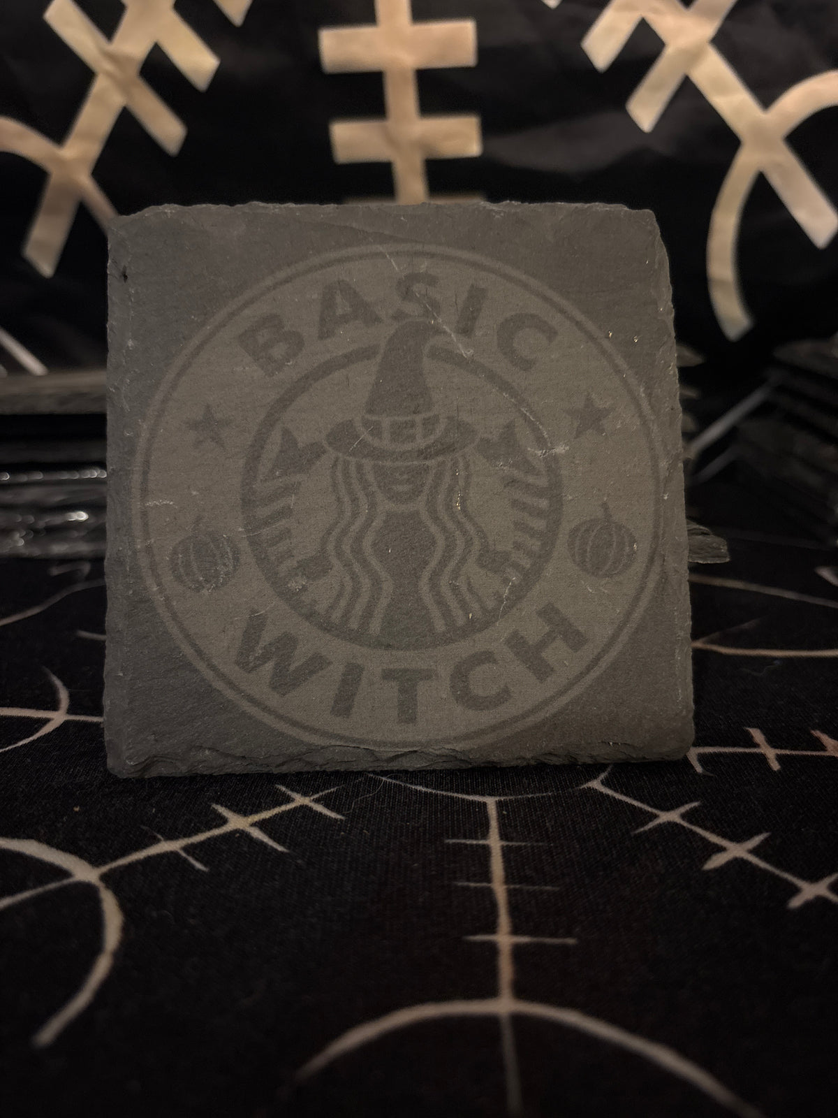 Vegvísir laser engraved slate coaster by Midgard Artistry