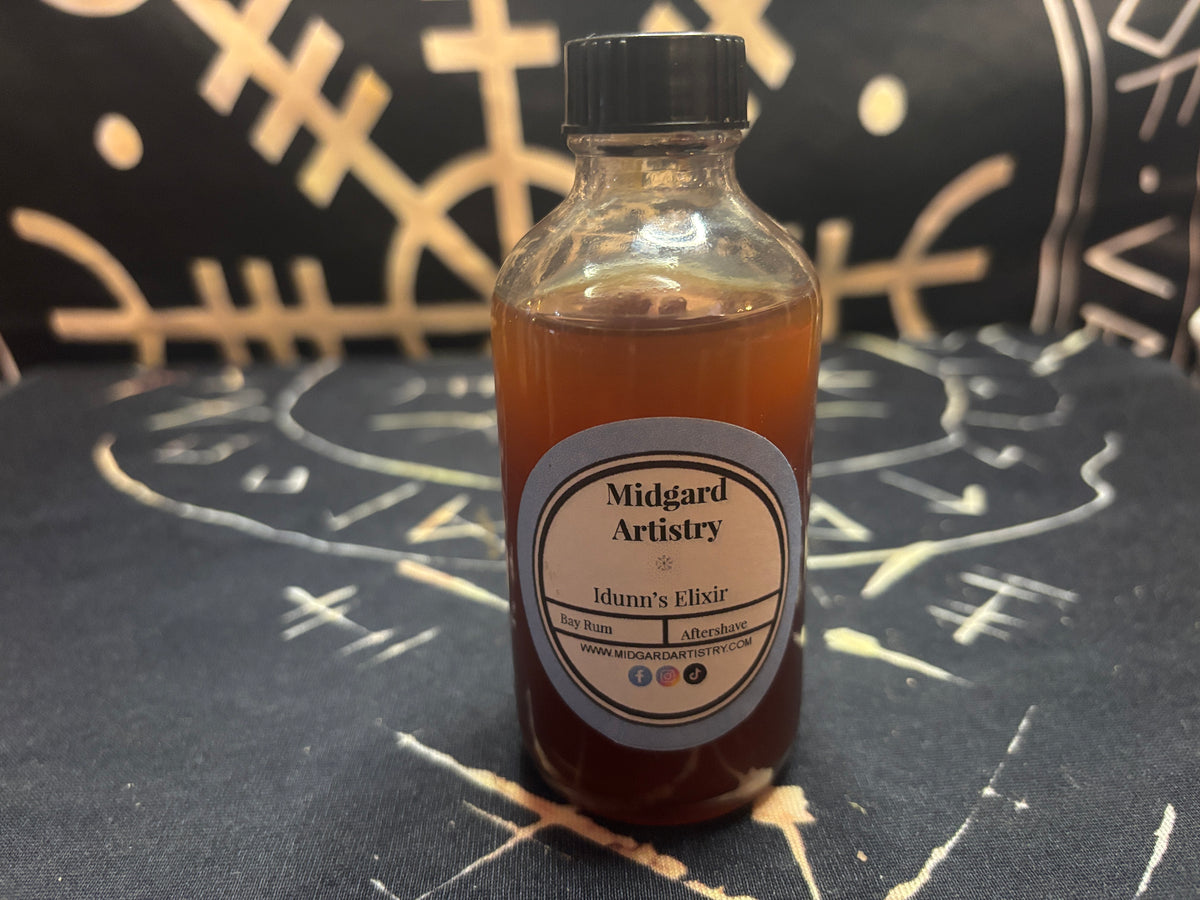Idunn's Elixir bay rum aftershave, front of bottle, by Midgard Artistry