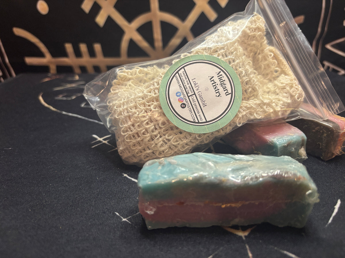 Loki's Gambit mystery soap in a cotton soap bag by Midgard Artistry