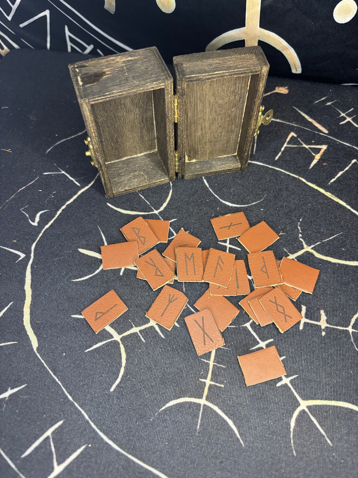 Faux leather Elder Futhark rune set with hand engraved runes by Midgard Artistry