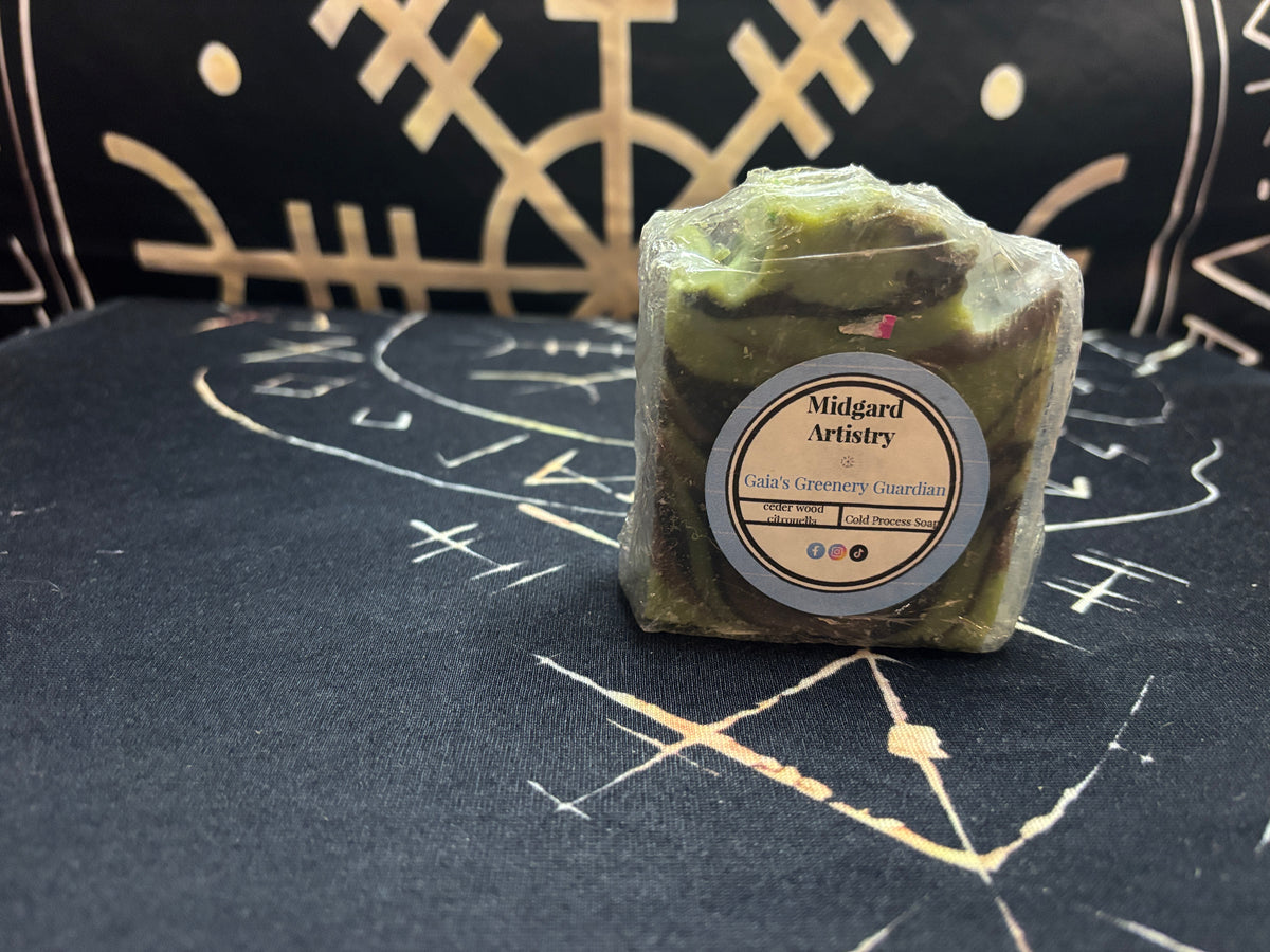 Gaia's Greenery Guardian camo citronella cedar goat milk soap by Midgard Artistry