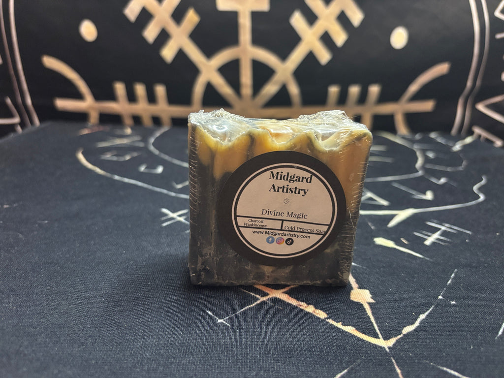 Divine Magic frankincense charcoal goat milk soap with gold swirl by Midgard Artistry