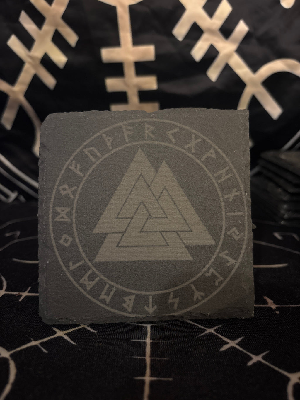 Valknut laser engraved slate coaster by Midgard Artistry