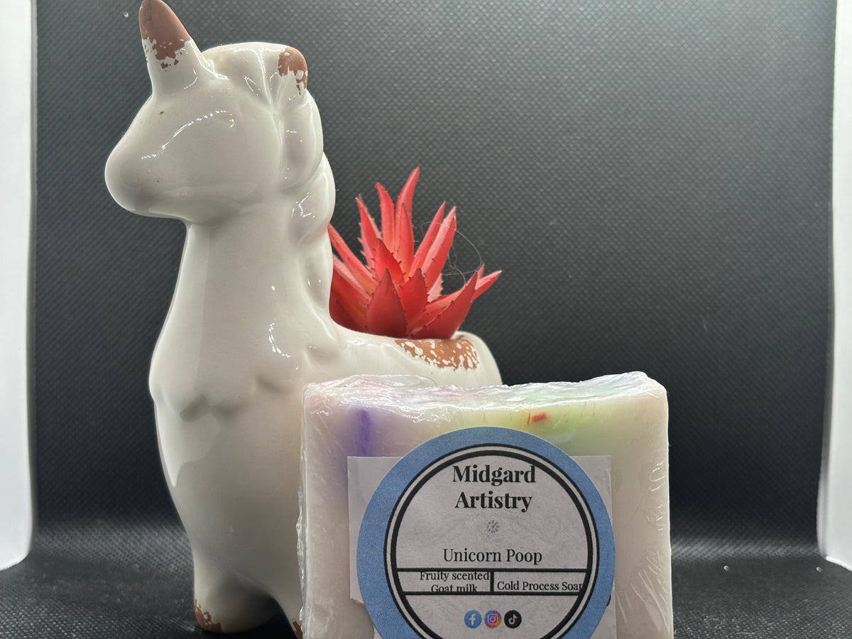 Unicorn Poop fruity confetti goat milk soap bar, handmade by Midgard Artistry