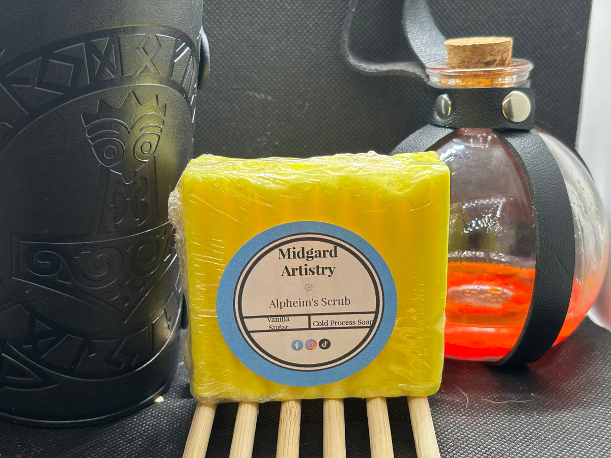 Alphiem's Scrub vanilla sugar goat milk soap bar, handmade by Midgard Artistry